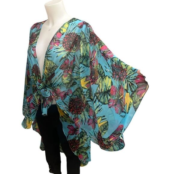Steve Madden Floral Kimono Chiffon Lightweight Tie Front Cover Up ONE SIZE New - Picture 3 of 7